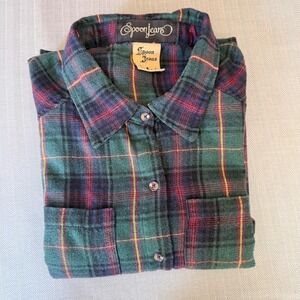 Spoon Jeans Women Green Purple Plaid Flannel Button Down Shirt Size M